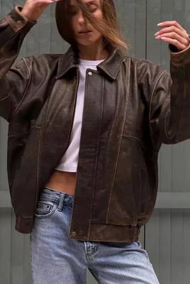 Vintage-inspired oversized women's leather bomber jacket distressed dark brown 2