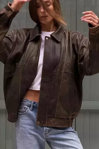Vintage-inspired oversized women's leather bomber jacket distressed dark brown