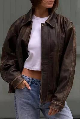 Vintage-inspired oversized women's leather bomber jacket distressed dark brown 3
