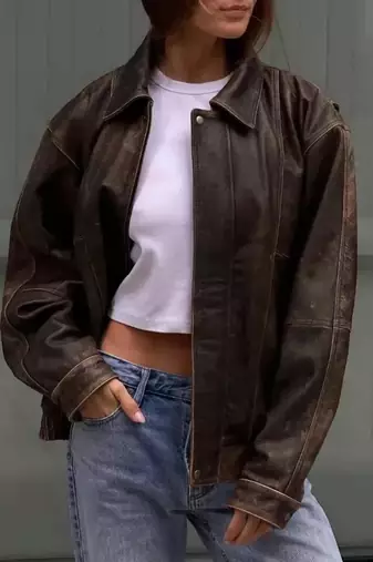 Vintage-inspired oversized women's leather bomber jacket distressed dark brown