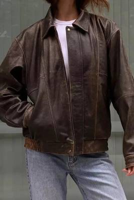 Vintage-inspired oversized women's leather bomber jacket distressed dark brown 4