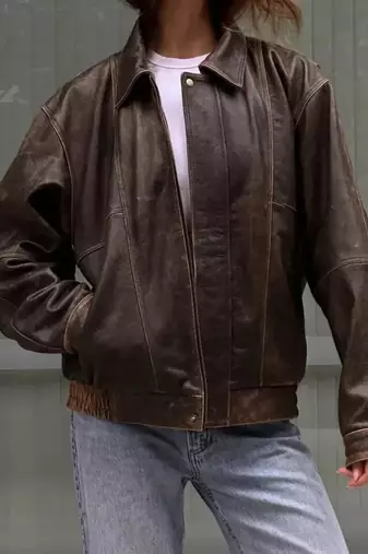 Vintage-inspired oversized women's leather bomber jacket distressed dark brown