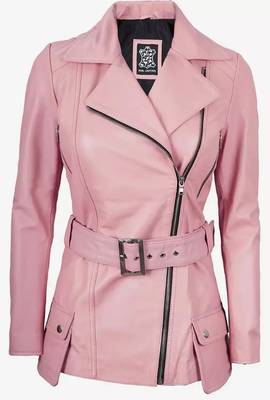 Women’s pink longline leather trench style coat belted style 1