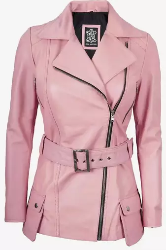 Women’s pink longline leather trench style coat belted style