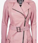 Women’s pink longline leather trench style coat belted style