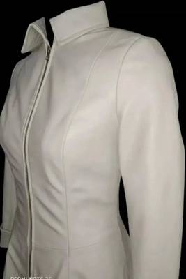 Women’s white blazer style zipper leather coat 1
