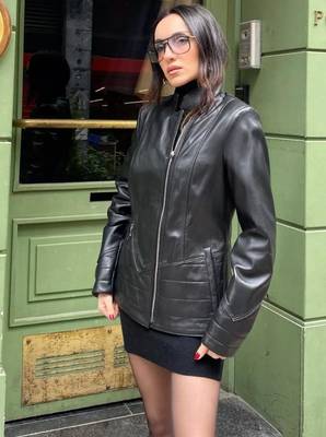Women’s black lambskin leather jacket-plain zipper stylish black 2
