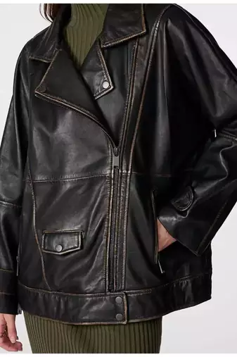 Women’s black oversized leather trench style coat