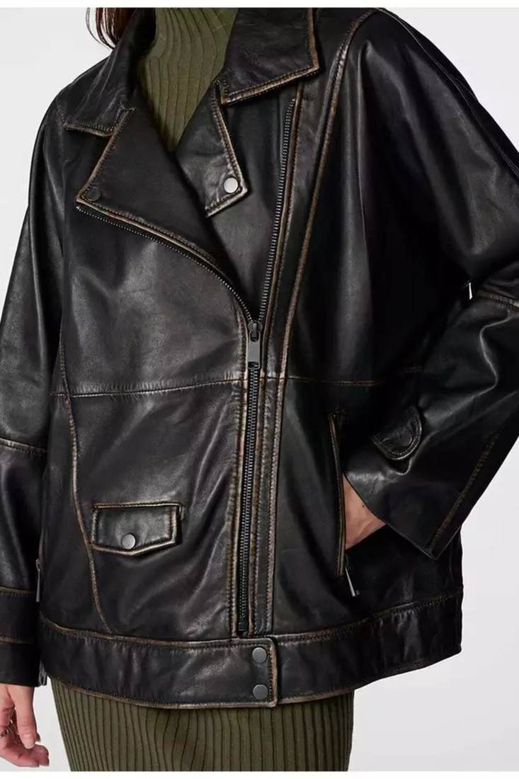 Women’s black oversized leather trench style coat