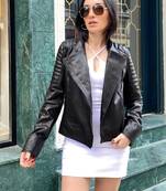 Women’s black lambskin leather jacket-quilted shoulder zipper jacket