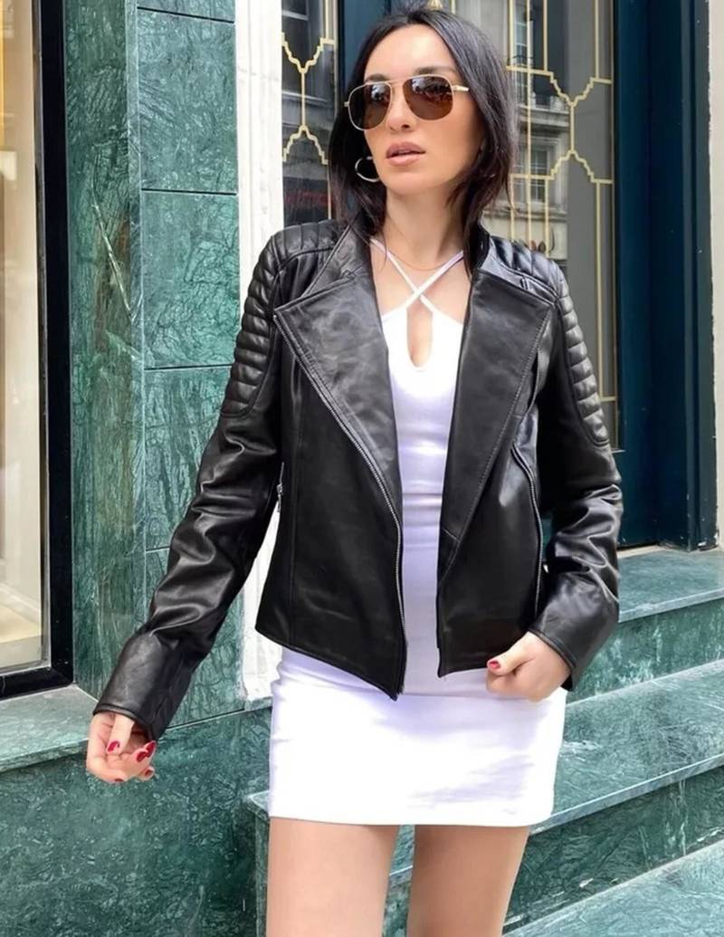 Women’s black lambskin leather jacket-quilted shoulder zipper jacket