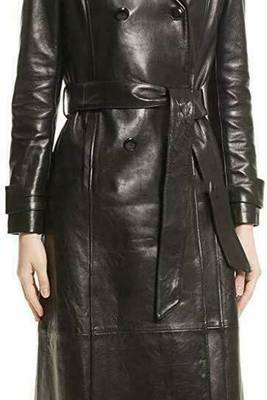 Women’s longline black leather trench style coat belted button 1