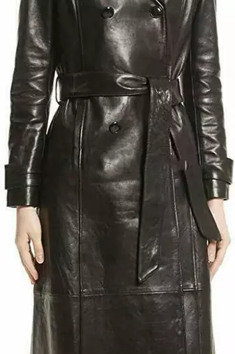 Women’s longline black leather trench style coat belted button