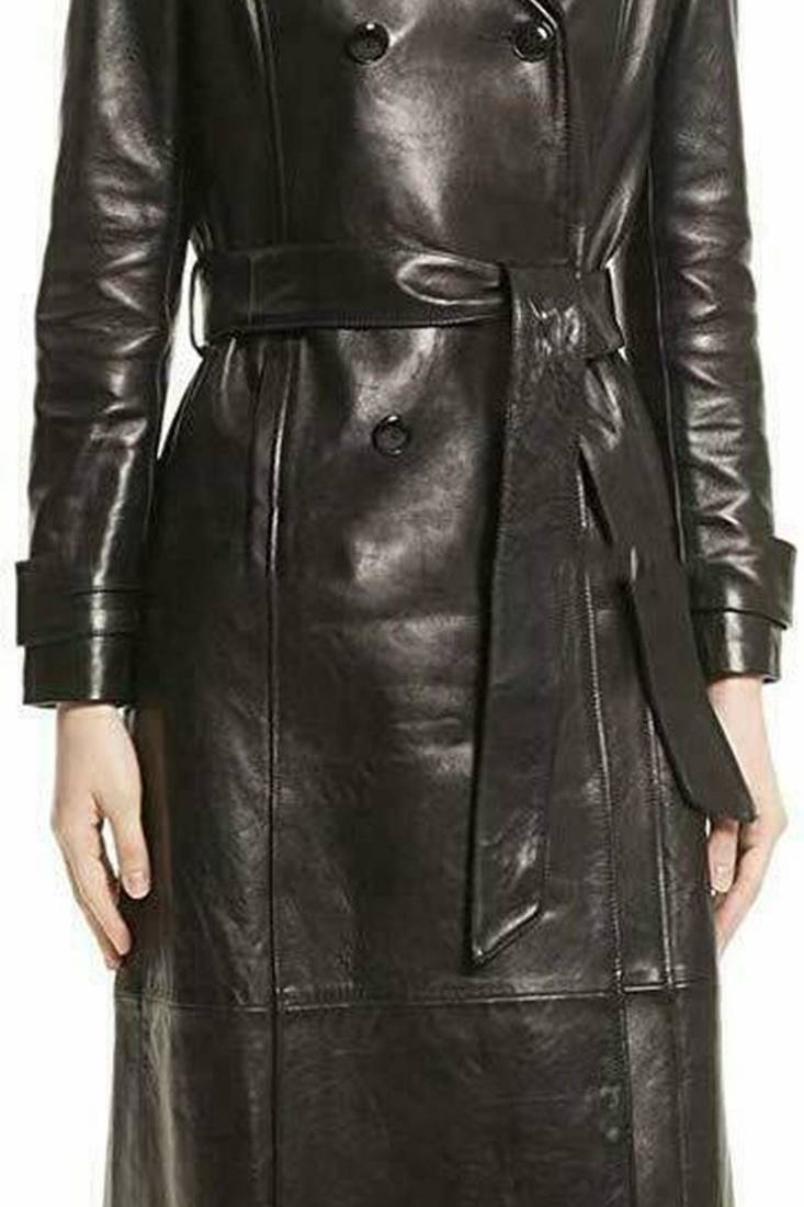 Women’s longline black leather trench style coat belted button
