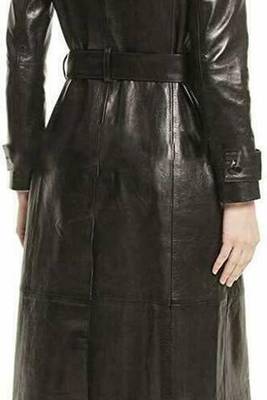 Women’s longline black leather trench style coat belted button 2