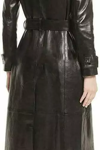 Women’s longline black leather trench style coat belted button