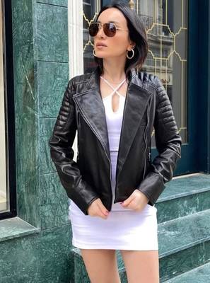 Women’s black lambskin leather jacket-quilted shoulder zipper jacket 3