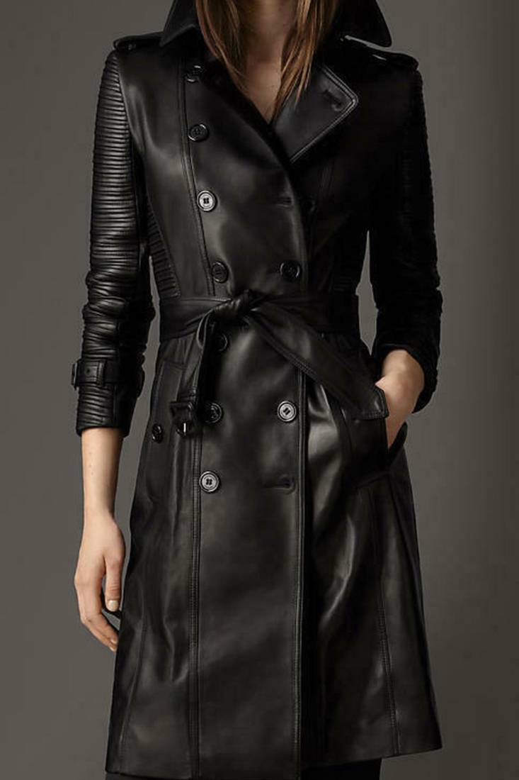 Women’s quilted shoulder full-length safari-inspired leather trench coat
