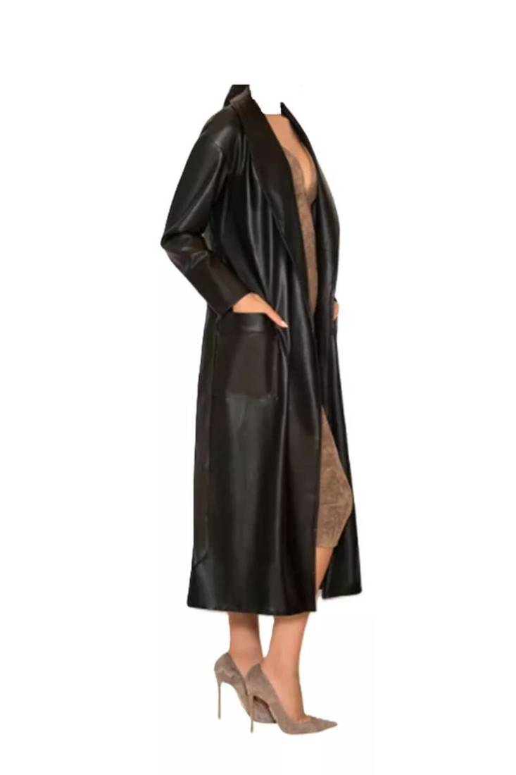 Women’s longline black leather trench style coat