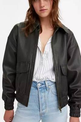 Women’s black lambskin leather jacket bomber waist 1