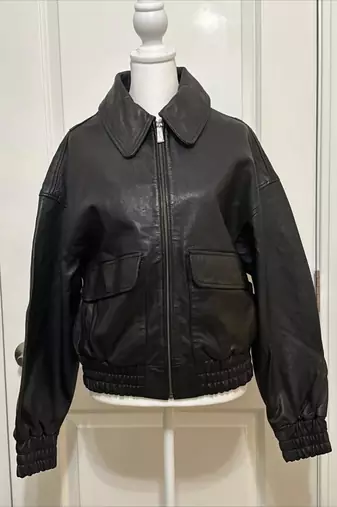 Women’s black lambskin leather jacket bomber waist