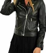 Women’s black moto biker lambskin leather jacket- zipper detail jacket