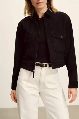 Women’s stylish look black suede lambskin leather jacket- zipper detail café racer