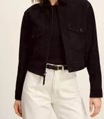 Women’s stylish look black suede lambskin leather jacket- zipper detail café racer