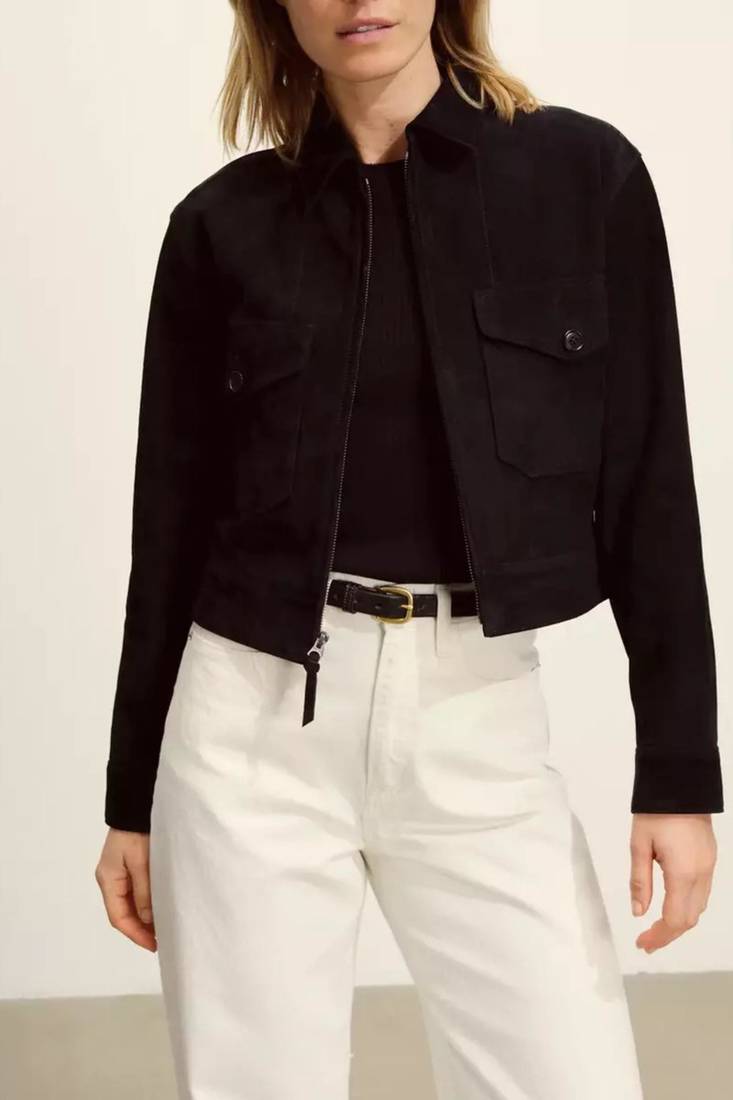 Women’s stylish look black suede lambskin leather jacket- zipper detail café racer