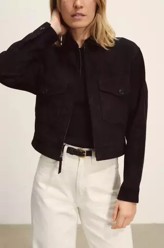 Women’s stylish look black suede lambskin leather jacket- zipper detail café racer