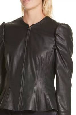 Women’s stylish look puff shoulder black lambskin leather jacket 1