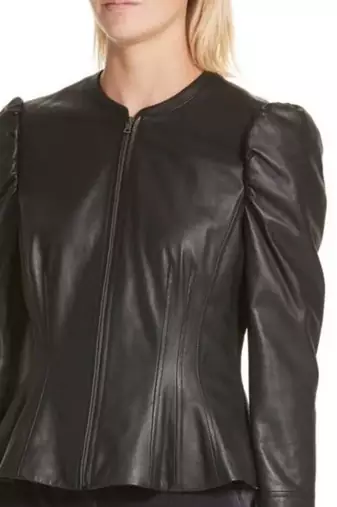 Women’s stylish look puff shoulder black lambskin leather jacket