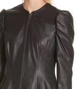 Women’s stylish look puff shoulder black lambskin leather jacket