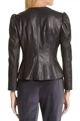 Women’s stylish look puff shoulder black lambskin leather jacket 2