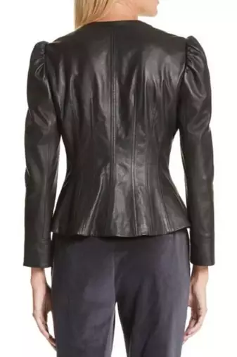 Women’s stylish look puff shoulder black lambskin leather jacket