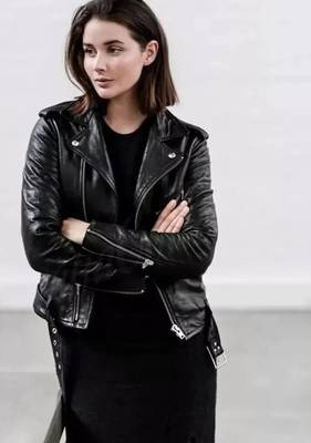 Women’s soft black lambskin leather jacket-zipper waist belt biker stylish look 1