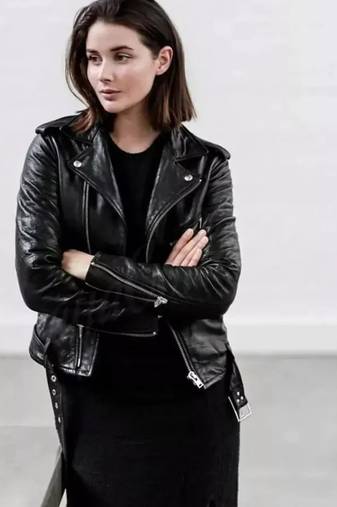 Women’s soft black lambskin leather jacket-zipper waist belt biker stylish look