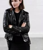 Women’s soft black lambskin leather jacket-zipper waist belt biker stylish look