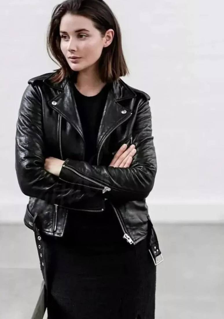 Women’s soft black lambskin leather jacket-zipper waist belt biker stylish look