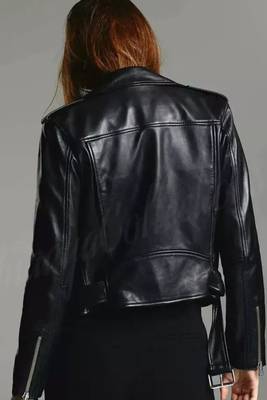 Women’s soft black lambskin leather jacket-zipper waist belt biker stylish look 2