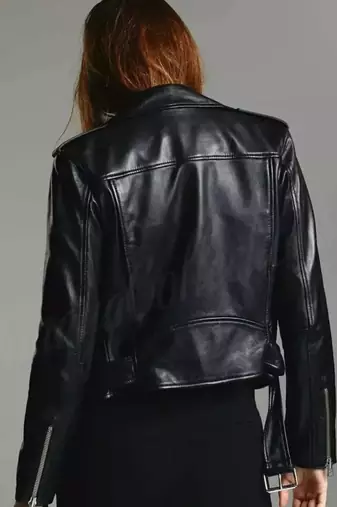 Women’s soft black lambskin leather jacket-zipper waist belt biker stylish look