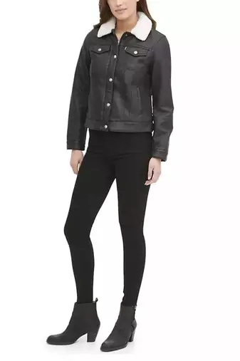 Women’s soft  black lambskin leather jacket with white collar