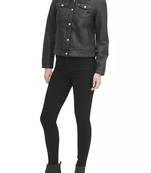 Women’s soft  black lambskin leather jacket with white collar