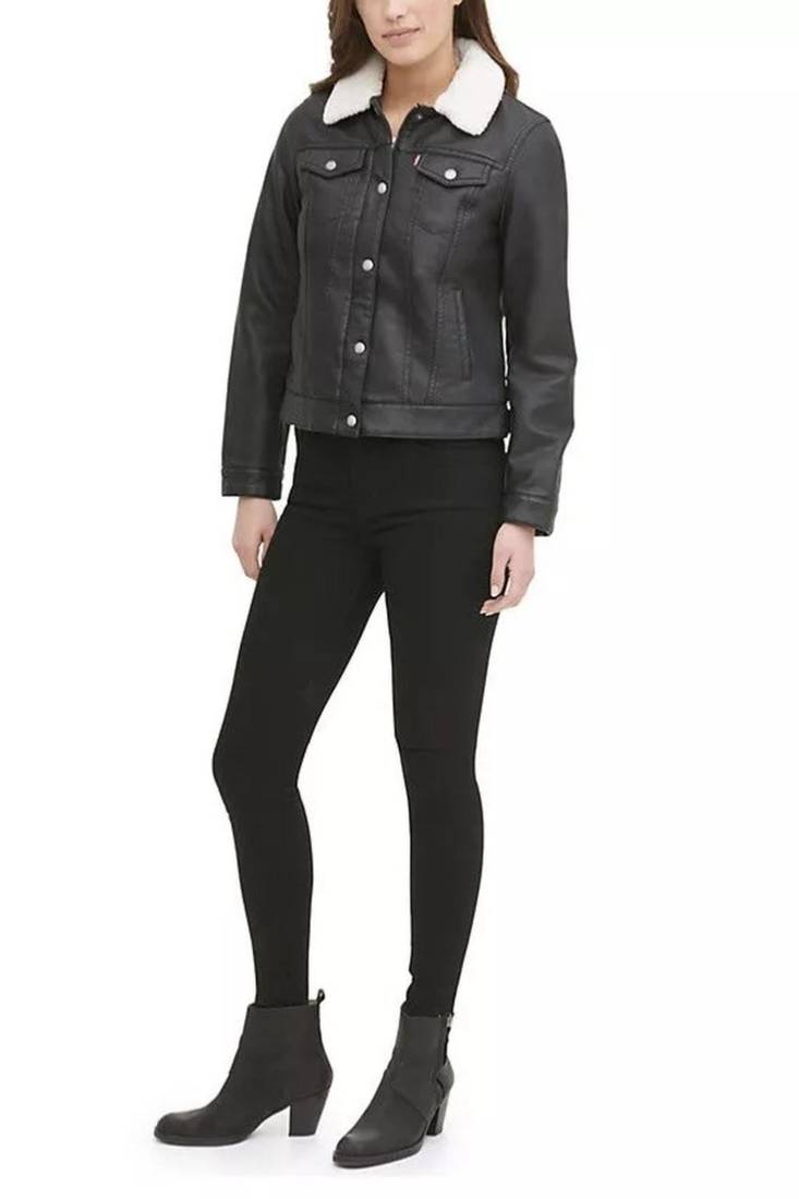 Women’s soft  black lambskin leather jacket with white collar