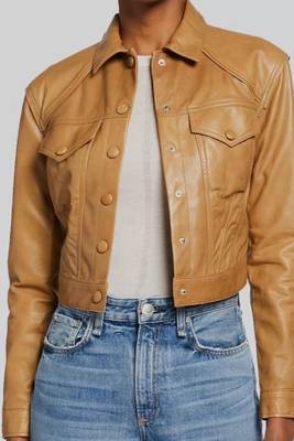 Women’s brown button lambskin leather jacket - 2 pockets 1