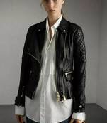 Women’s black quilted design lambskin leather jacket-  zipper detail biker