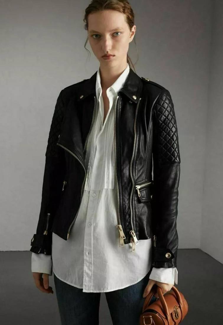 Women’s black quilted design lambskin leather jacket-  zipper detail biker