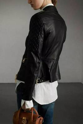 Women’s black quilted design lambskin leather jacket-  zipper detail biker 2