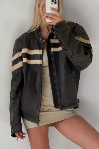 Women’s black café racer lambskin leather jacket white strip