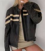 Women’s black café racer lambskin leather jacket white strip